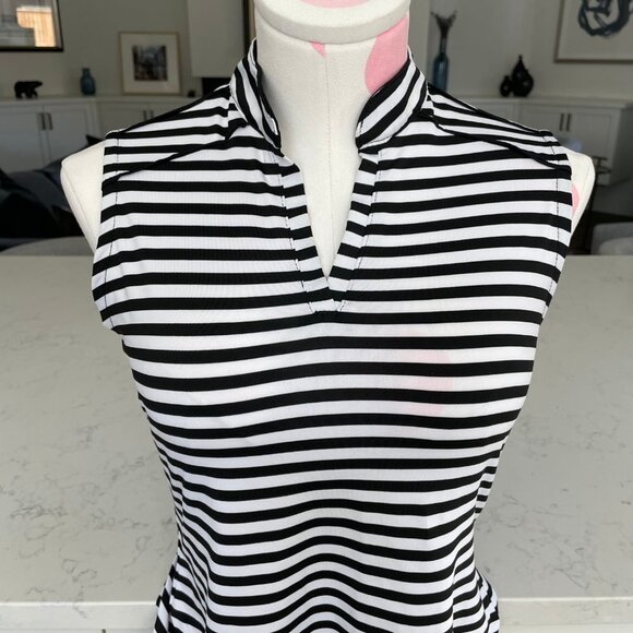 Fairways Slvless Mandarin Collar V Neck Striped DeLux Dri Golf Top Blk+Wht Sz S - Picture 2 of 10